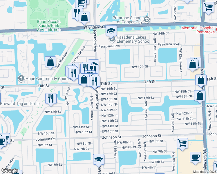 map of restaurants, bars, coffee shops, grocery stores, and more near 8781 Northwest 15th Court in Pembroke Pines