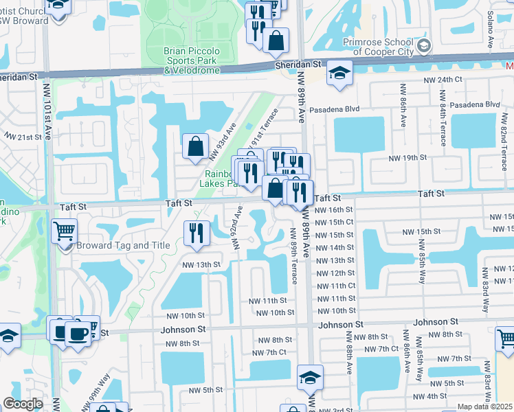 map of restaurants, bars, coffee shops, grocery stores, and more near 9151 Orchid Tree Lane in Pembroke Pines