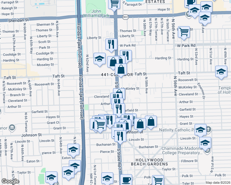 map of restaurants, bars, coffee shops, grocery stores, and more near 1319 U.S. 441 in Hollywood