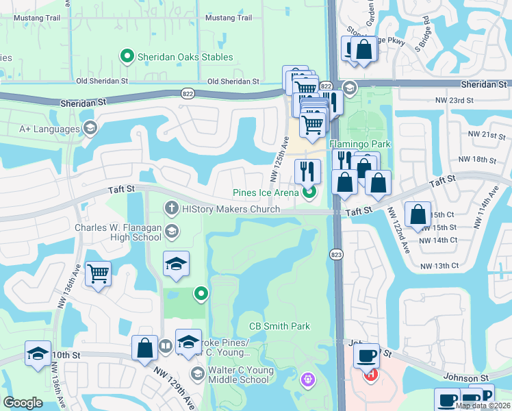 map of restaurants, bars, coffee shops, grocery stores, and more near 12504 Northwest 18th Court in Pembroke Pines