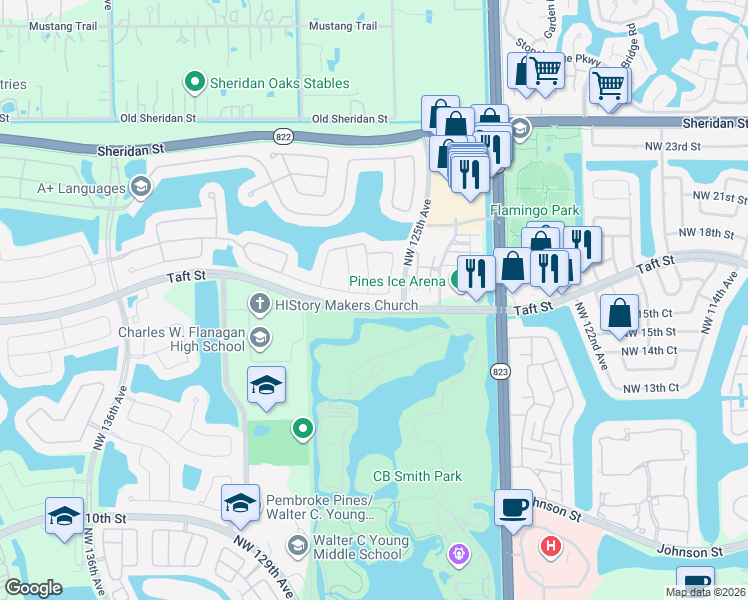 map of restaurants, bars, coffee shops, grocery stores, and more near 12504 Northwest 18th Court in Pembroke Pines