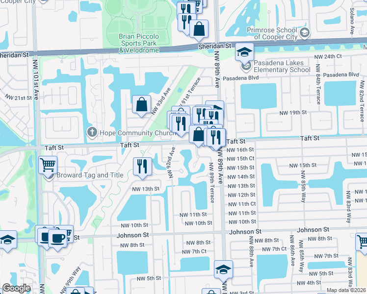 map of restaurants, bars, coffee shops, grocery stores, and more near 9151 Orchid Tree Lane in Pembroke Pines