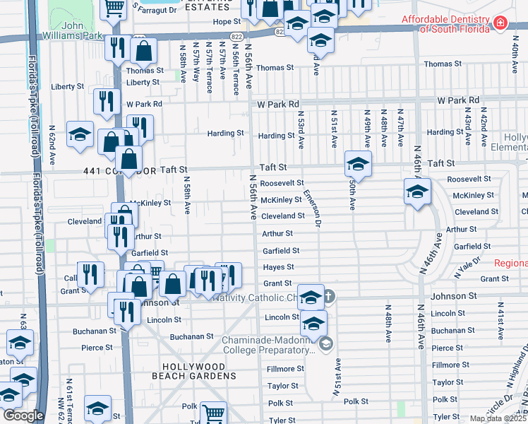 map of restaurants, bars, coffee shops, grocery stores, and more near 5515 Cleveland Street in Hollywood