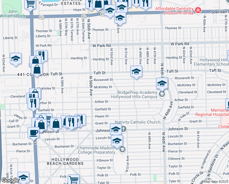 map of restaurants, bars, coffee shops, grocery stores, and more near 5122 Cleveland Street in Hollywood