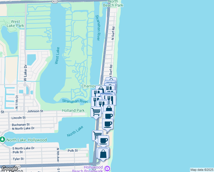 map of restaurants, bars, coffee shops, grocery stores, and more near 398 Garfield Street in Hollywood