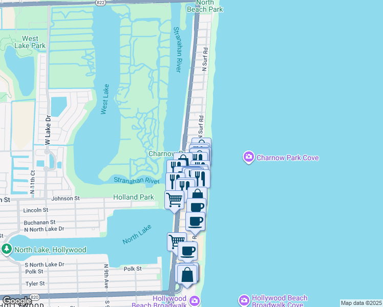 map of restaurants, bars, coffee shops, grocery stores, and more near 398 Garfield Street in Hollywood