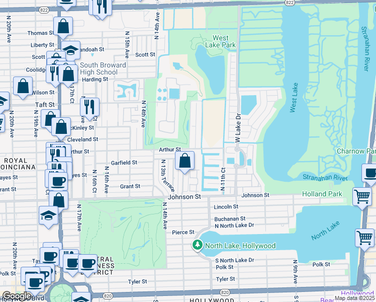 map of restaurants, bars, coffee shops, grocery stores, and more near 1125 Garfield Street in Hollywood
