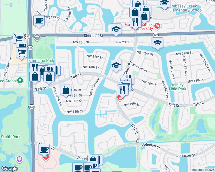 map of restaurants, bars, coffee shops, grocery stores, and more near 11301 Northwest 16th Court in Pembroke Pines
