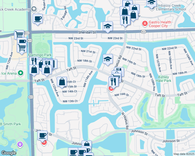 map of restaurants, bars, coffee shops, grocery stores, and more near 11301 Northwest 16th Court in Pembroke Pines