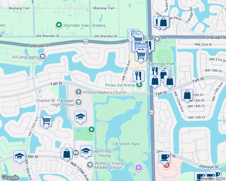 map of restaurants, bars, coffee shops, grocery stores, and more near 12504 Northwest 18th Court in Pembroke Pines