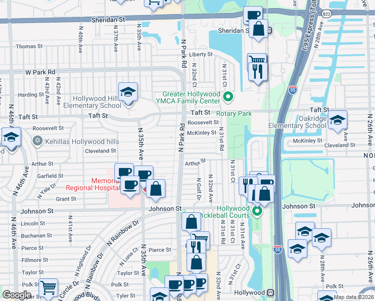 map of restaurants, bars, coffee shops, grocery stores, and more near 1313 North Park Road in Hollywood