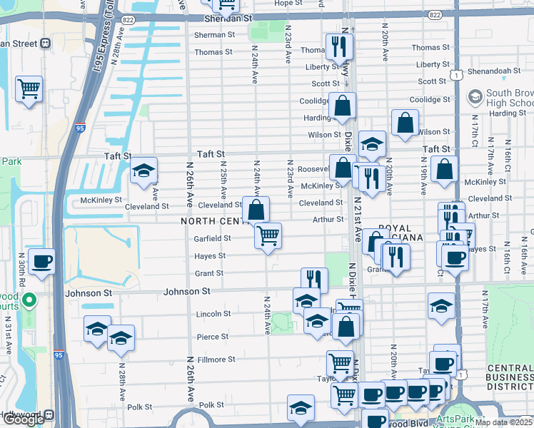 map of restaurants, bars, coffee shops, grocery stores, and more near 1309 North 24th Avenue in Hollywood