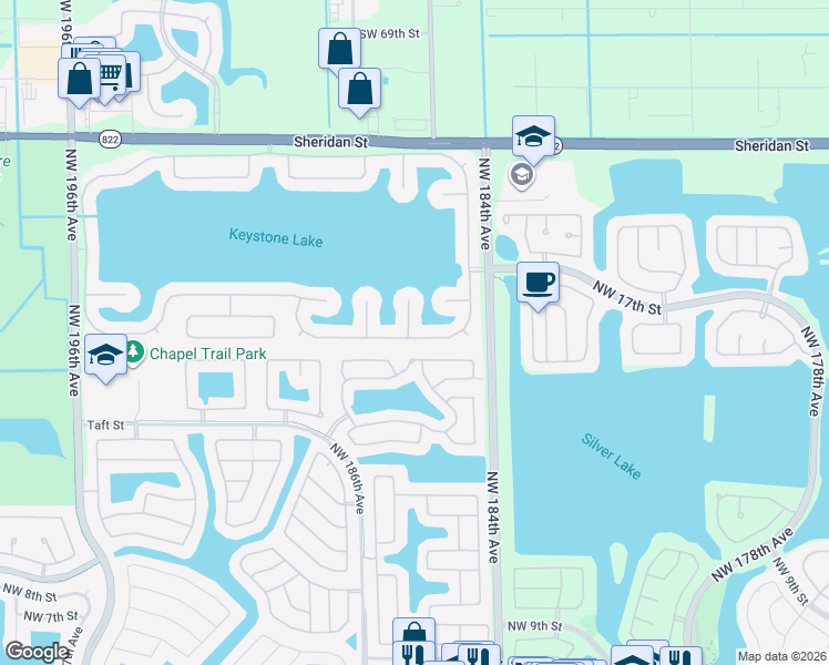 map of restaurants, bars, coffee shops, grocery stores, and more near 18479 Northwest 22nd Street in Pembroke Pines