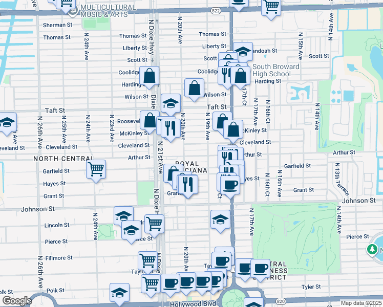 map of restaurants, bars, coffee shops, grocery stores, and more near 1935 Cleveland Street in Hollywood