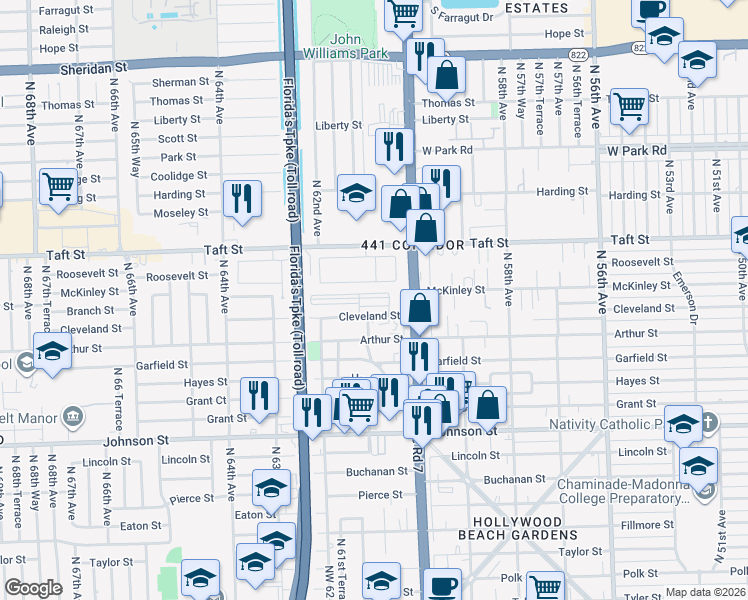 map of restaurants, bars, coffee shops, grocery stores, and more near 6101 Cleveland Street in Hollywood
