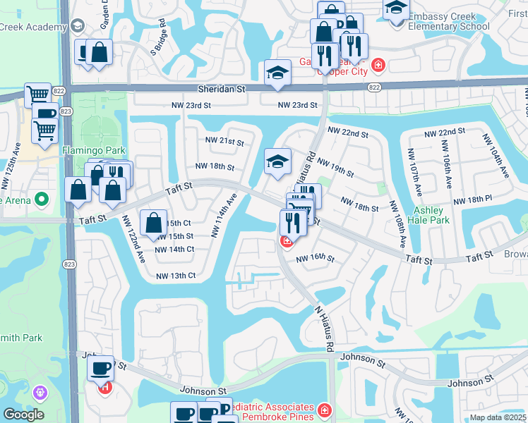 map of restaurants, bars, coffee shops, grocery stores, and more near 11358 Taft Street in Pembroke Pines