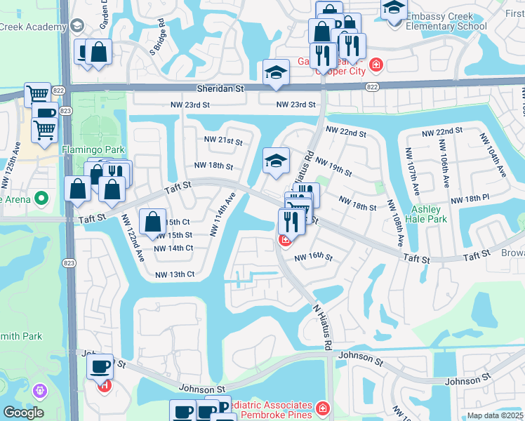 map of restaurants, bars, coffee shops, grocery stores, and more near 11306 Taft Street in Pembroke Pines