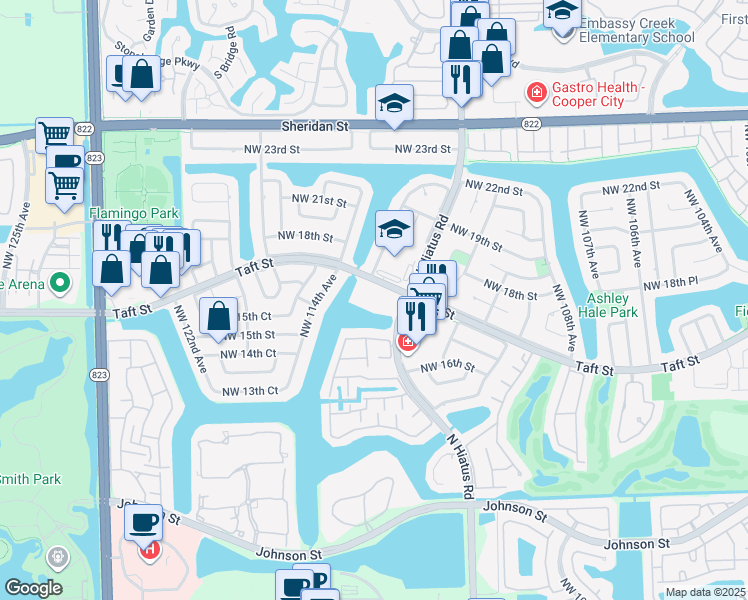 map of restaurants, bars, coffee shops, grocery stores, and more near 11358 Taft Street in Pembroke Pines
