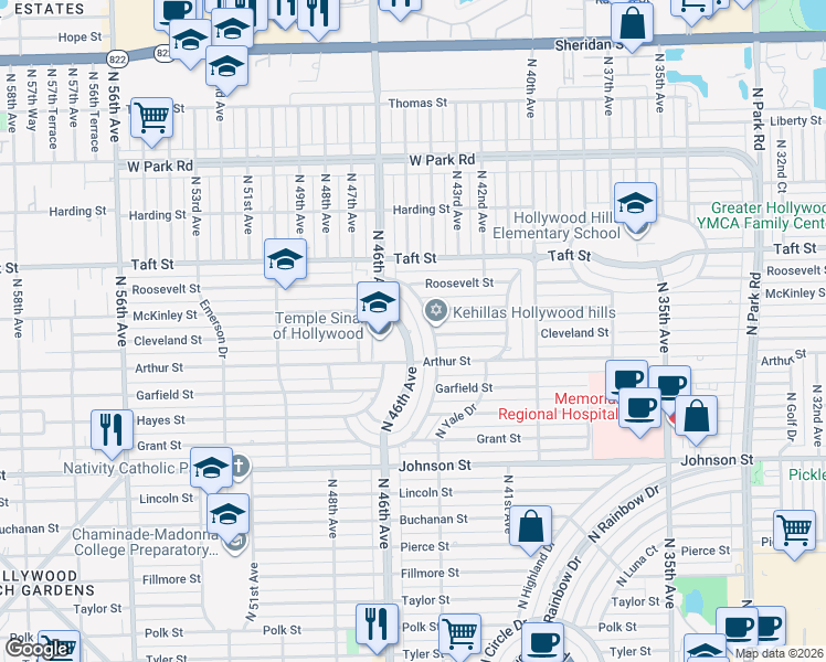 map of restaurants, bars, coffee shops, grocery stores, and more near 1500 East Hawthorne Circle in Hollywood