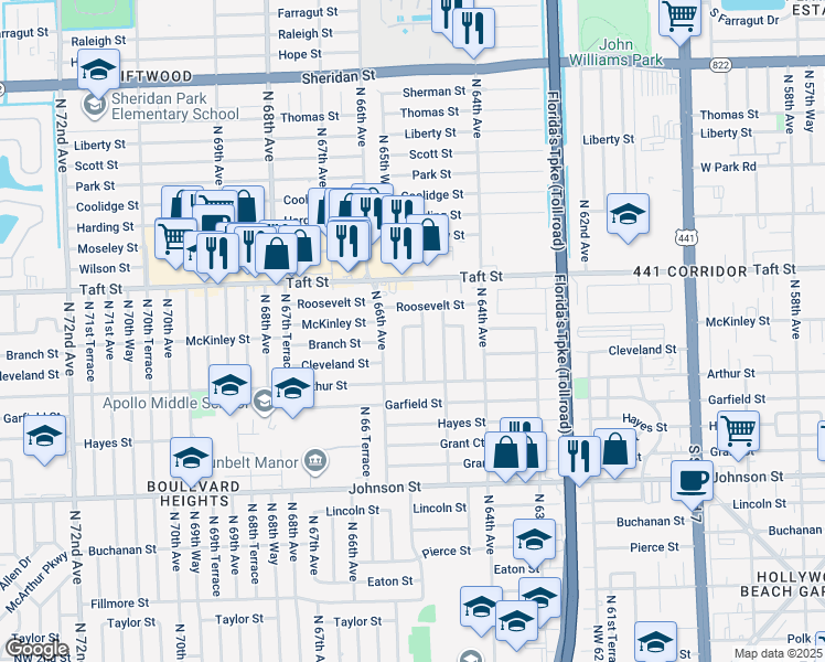 map of restaurants, bars, coffee shops, grocery stores, and more near 1521 Northwest 65th Terrace in Hollywood