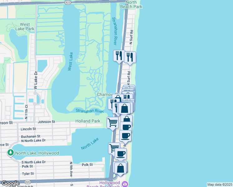 map of restaurants, bars, coffee shops, grocery stores, and more near in Hollywood