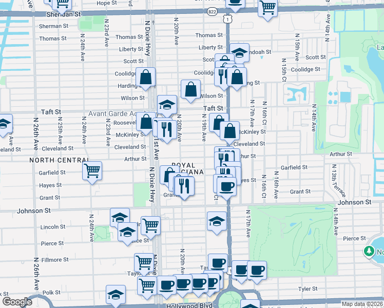 map of restaurants, bars, coffee shops, grocery stores, and more near 1935 Cleveland Street in Hollywood