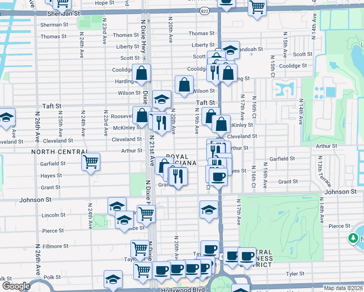 map of restaurants, bars, coffee shops, grocery stores, and more near 1935 Cleveland Street in Hollywood
