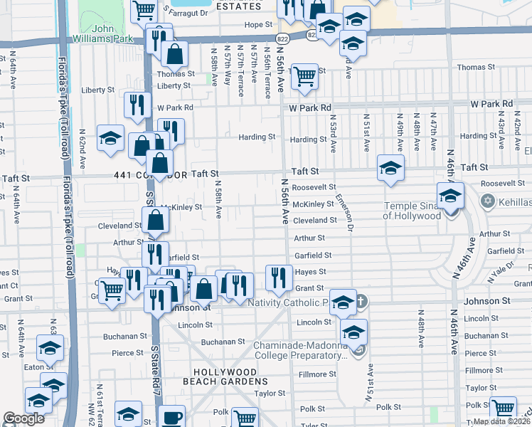 map of restaurants, bars, coffee shops, grocery stores, and more near 5611 McKinley Street in Hollywood