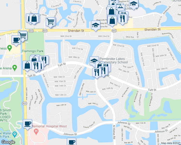 map of restaurants, bars, coffee shops, grocery stores, and more near 11358 Taft Street in Pembroke Pines
