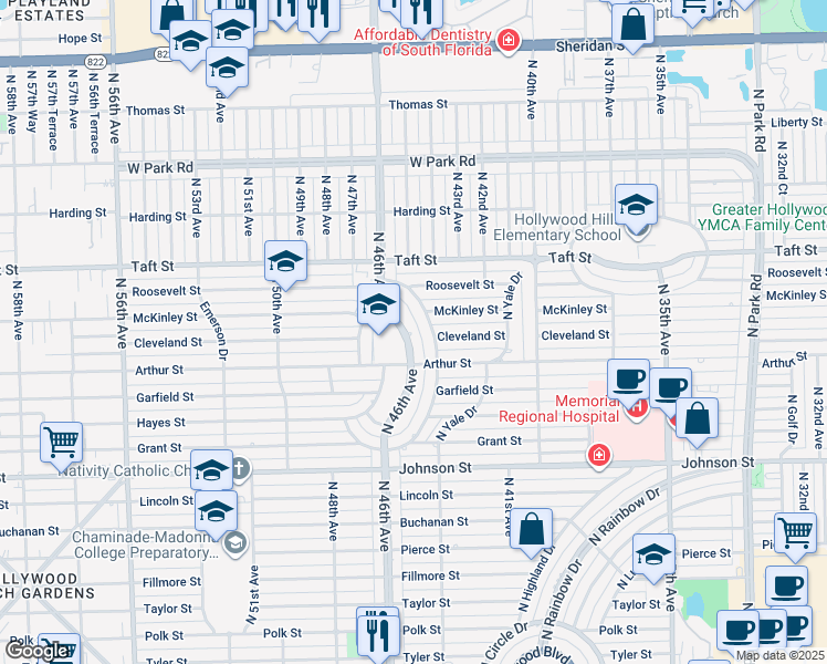 map of restaurants, bars, coffee shops, grocery stores, and more near 1500 East Hawthorne Circle in Hollywood