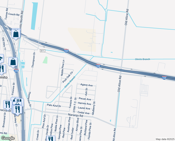 map of restaurants, bars, coffee shops, grocery stores, and more near Texas 550 Frontage Road in Olmito