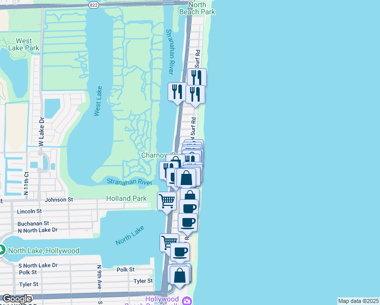 map of restaurants, bars, coffee shops, grocery stores, and more near 1815 North Surf Road in Hollywood
