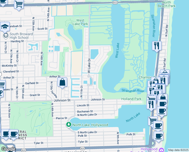 map of restaurants, bars, coffee shops, grocery stores, and more near 1375 Yellowheart Way in Hollywood