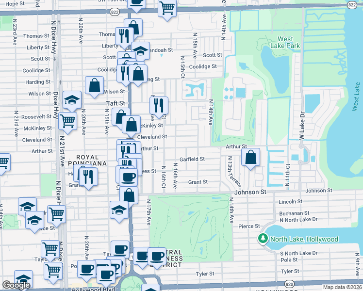 map of restaurants, bars, coffee shops, grocery stores, and more near 1538 Cleveland Street in Hollywood
