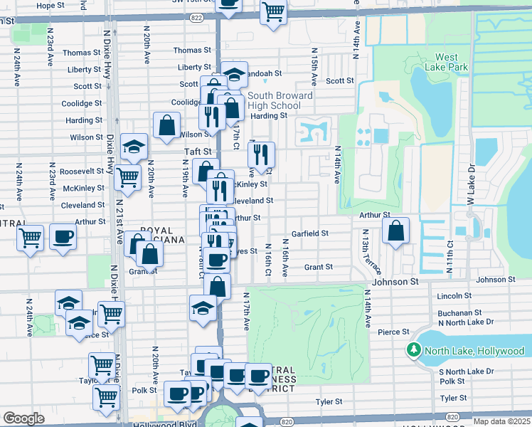 map of restaurants, bars, coffee shops, grocery stores, and more near 1628 Cleveland Street in Hollywood