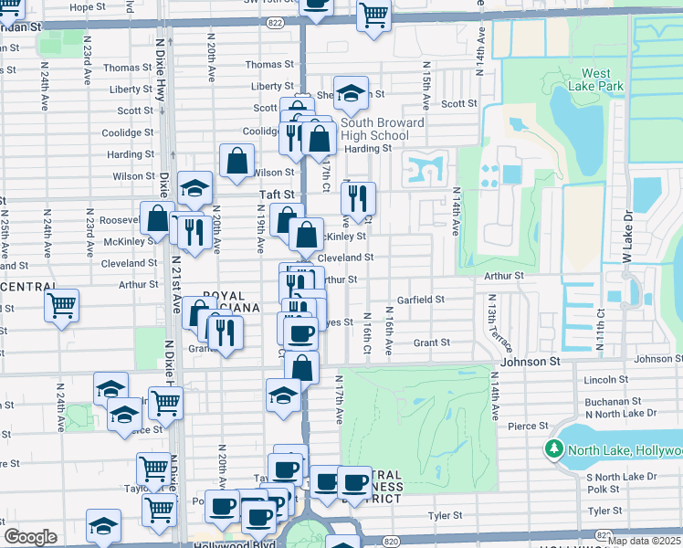 map of restaurants, bars, coffee shops, grocery stores, and more near 1723 Cleveland Street in Hollywood