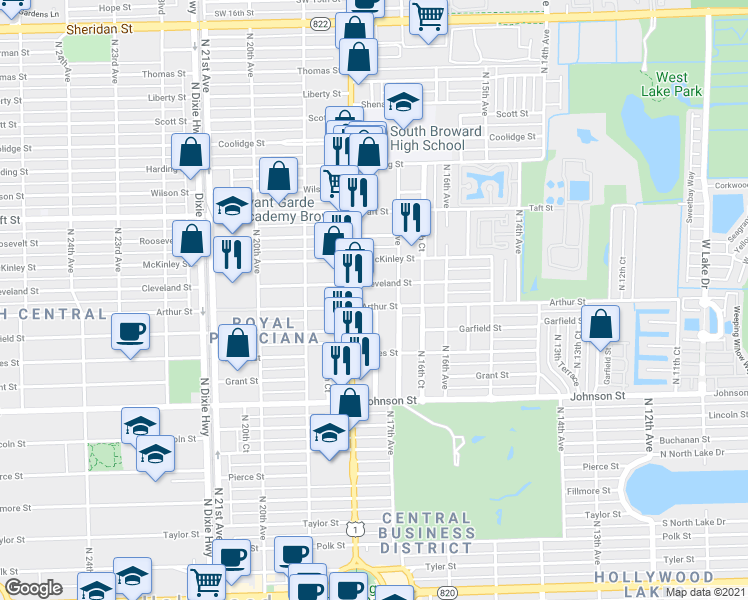 map of restaurants, bars, coffee shops, grocery stores, and more near 1723 Cleveland Street in Hollywood