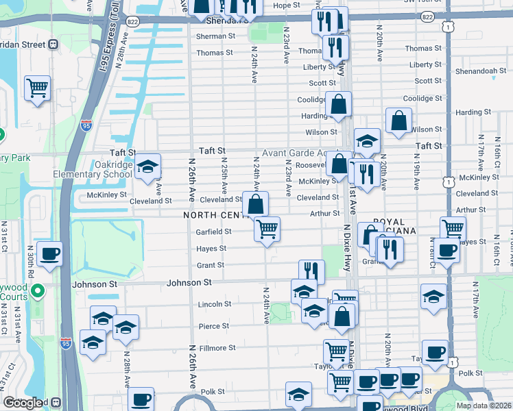 map of restaurants, bars, coffee shops, grocery stores, and more near 1410 North 24th Avenue in Hollywood