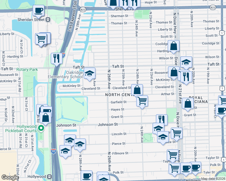map of restaurants, bars, coffee shops, grocery stores, and more near 2525 Cleveland Street in Hollywood
