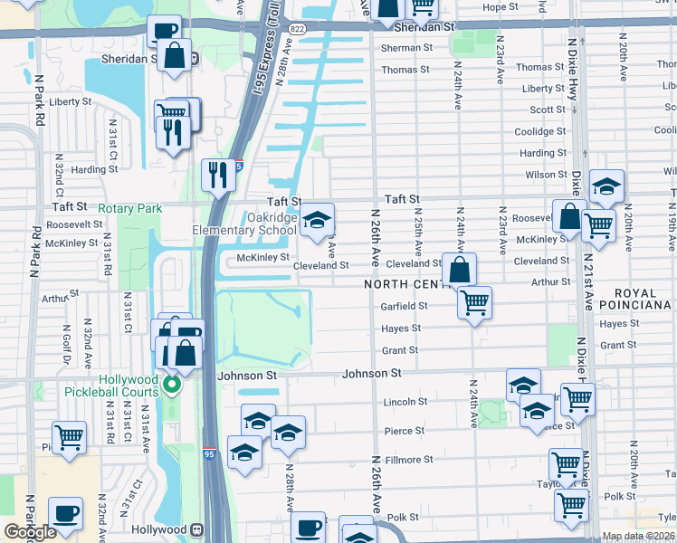 map of restaurants, bars, coffee shops, grocery stores, and more near 2649 Cleveland Street in Hollywood