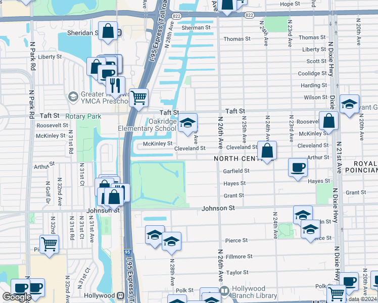 map of restaurants, bars, coffee shops, grocery stores, and more near 2649 Cleveland Street in Hollywood