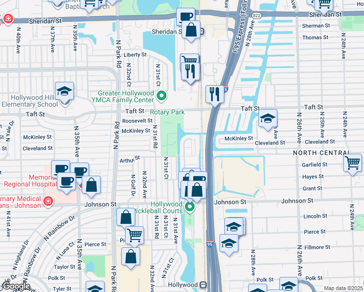 map of restaurants, bars, coffee shops, grocery stores, and more near 1338 North 30th Road in Hollywood