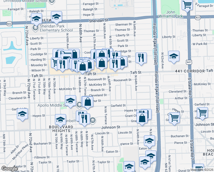 map of restaurants, bars, coffee shops, grocery stores, and more near 6596 Roosevelt Street in Hollywood