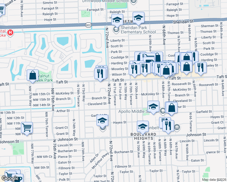 map of restaurants, bars, coffee shops, grocery stores, and more near 1611 North 72nd Avenue in Hollywood