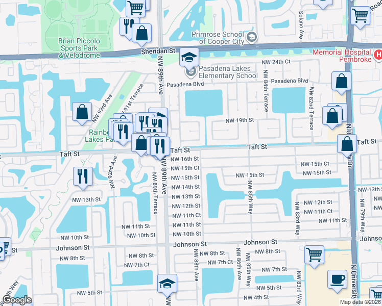 map of restaurants, bars, coffee shops, grocery stores, and more near 8740 Northwest 17th Court in Pembroke Pines