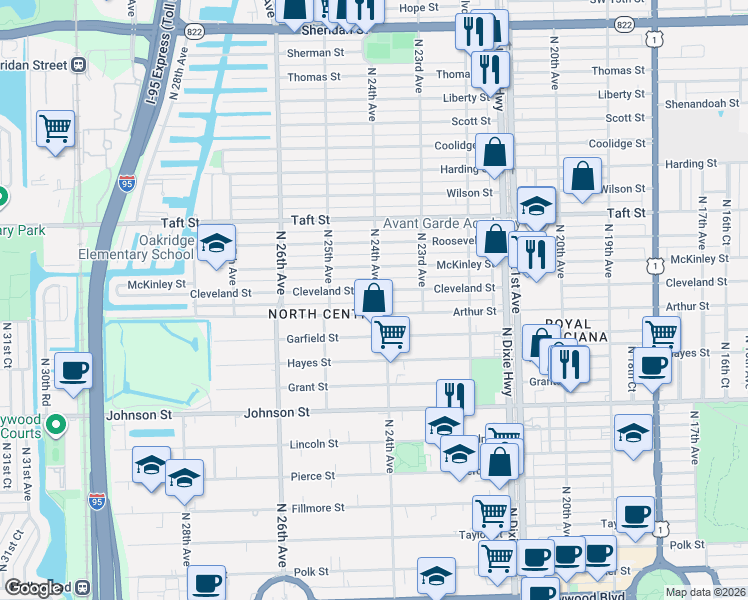 map of restaurants, bars, coffee shops, grocery stores, and more near 1324 North 24th Avenue in Hollywood