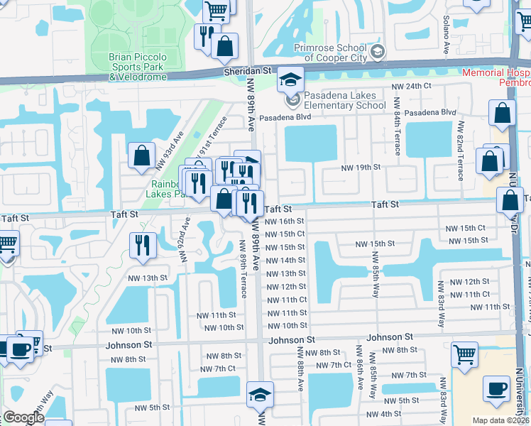 map of restaurants, bars, coffee shops, grocery stores, and more near 8870 Taft Street in Pembroke Pines
