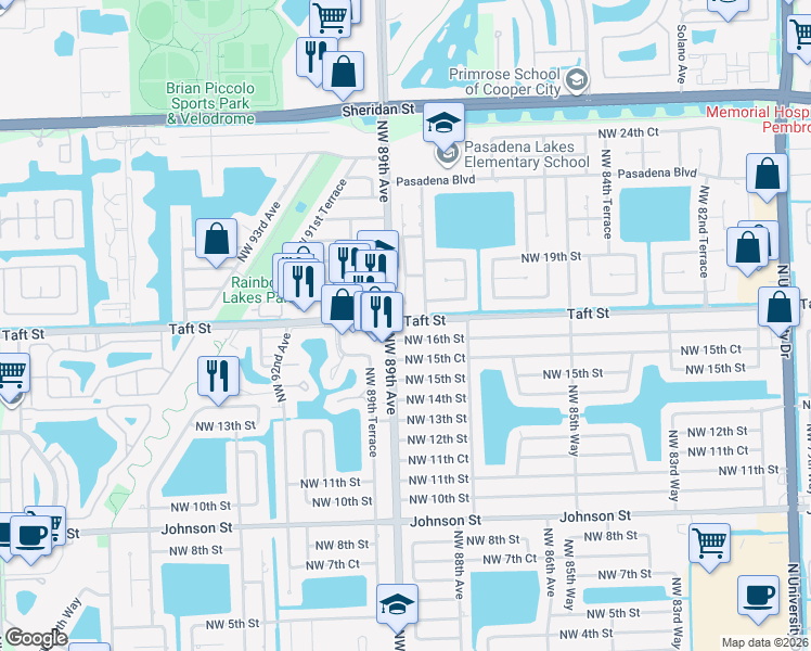 map of restaurants, bars, coffee shops, grocery stores, and more near 8870 Taft Street in Pembroke Pines