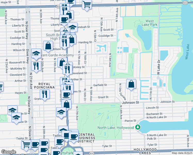 map of restaurants, bars, coffee shops, grocery stores, and more near 1521 Arthur Street in Hollywood