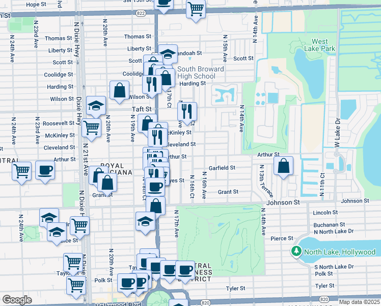 map of restaurants, bars, coffee shops, grocery stores, and more near 1628 Cleveland Street in Hollywood